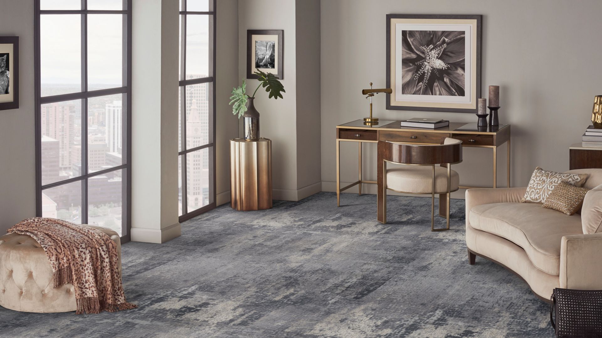 Patterned carpet in a living room.